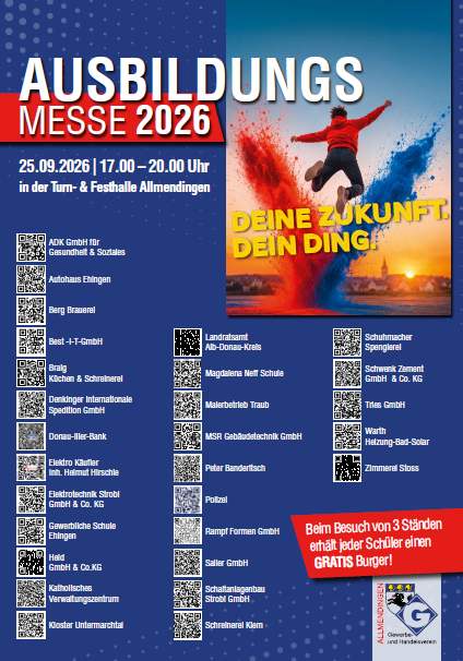 Plakat zur Ausbildungsmesse 2026 am 25.09.2026 von 17–20 Uhr in der Turn- und Festhalle Allmendingen
