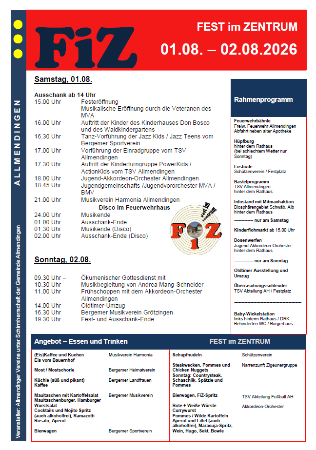 Plakat zum Fest im Zentrum FiZ mit Programm für 01.–02.08.2026, Zeitplan, Rahmenprogramm und Essensangebote.