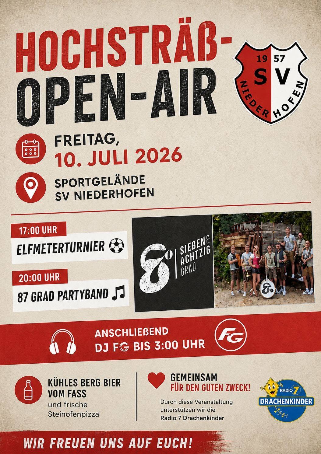 Plakat für "Hochstraß Open-Air" am 10. Juli 2026 mit Programm, SV Niederhofen-Logo und Bandfoto.