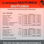 Shuttlebus-Fahrplan für den Allmendinger Nachtumzug 2026 auf rotem Poster mit zwei Linien, Haltestellen sowie Abfahrts‑ und Rückfahrzeiten.