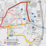 Stadtkarte mit gelben und roten Sperrungen, Umleitungen für Anwohner, REWE, Bahnhof und Parkplätzen.