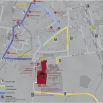 Stadtplan mit markierten Umzugsstrecken (blau/gelb), Parkplätzen, WC- und Bushaltestellen sowie Veranstaltungsorten.