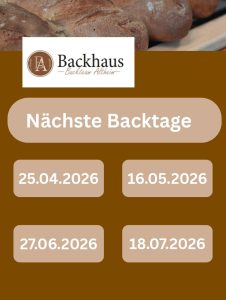 Backhaus-Logo oben und Termine für "Nächste Backtage": 25.04.2026, 16.05.2026, 27.06.2026, 18.07.2026