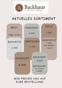 Backhaus-Logo oben, Überschrift "Aktuelles Sortiment" und Liste mit Produkten und Preisen (Brot, Baguette, Brötchen, Knauzen, Seele, Käseseele, Nusszopf, Hefezopf).