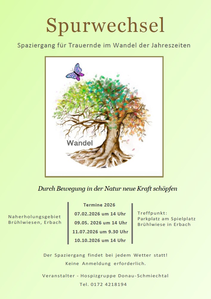 Poster für Spurwechsel mit Aquarellbaum, halb grün halb herbstlich, Schmetterling und Terminen für Trauerspaziergänge.