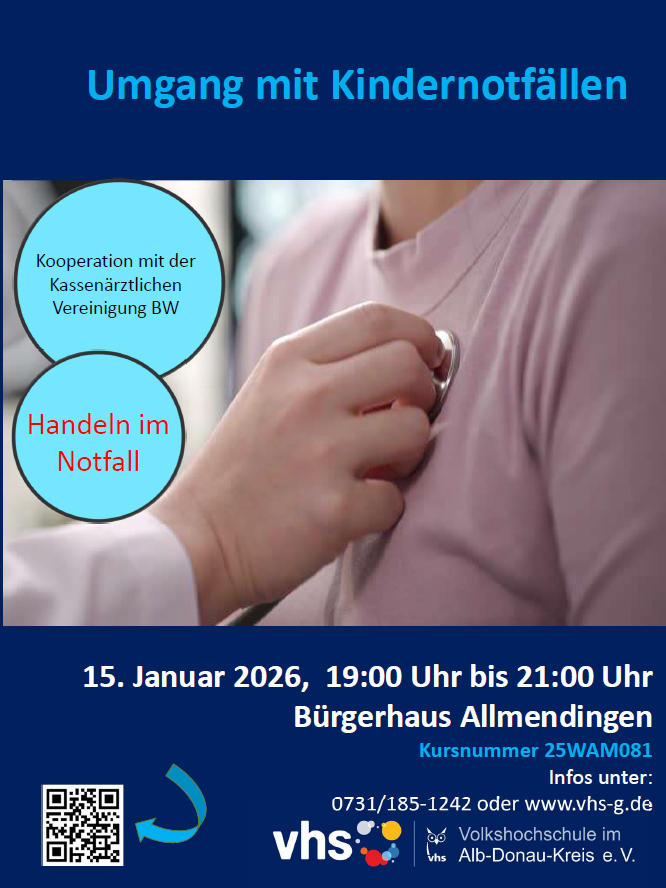 Plakat "Umgang mit Kindernotfällen" mit Stethoskop-Abbildung, Hinweis "Handeln im Notfall" und Veranstaltungsdaten.