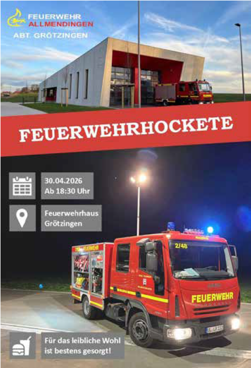 Plakat mit Feuerwehrhaus, Löschfahrzeug bei Nacht und Titel „FEUERWEHRHOCKETE“, Veranstaltungsdaten und Ort.