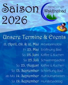 Blaue Saison-2026-Poster des Allmendinger Waldfreibads mit Terminen und Logo, Schwimmfigur im Rettungsring.