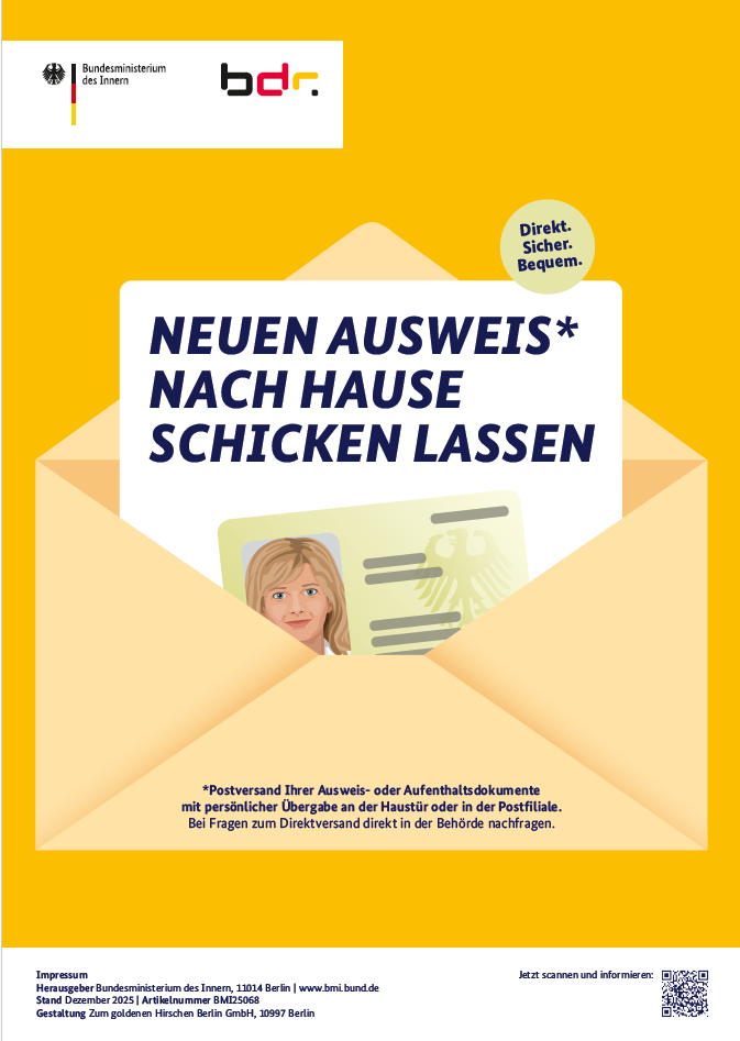 Gelbes Poster mit offenem Umschlag, darin ein Ausweis und Text: Neuen Ausweis nach Hause schicken lassen.