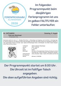 Hinweisblatt Ferienprogramm Allmendingen 2026 mit korrigierter Startzeit für Fahrrad-Abenteuer.
