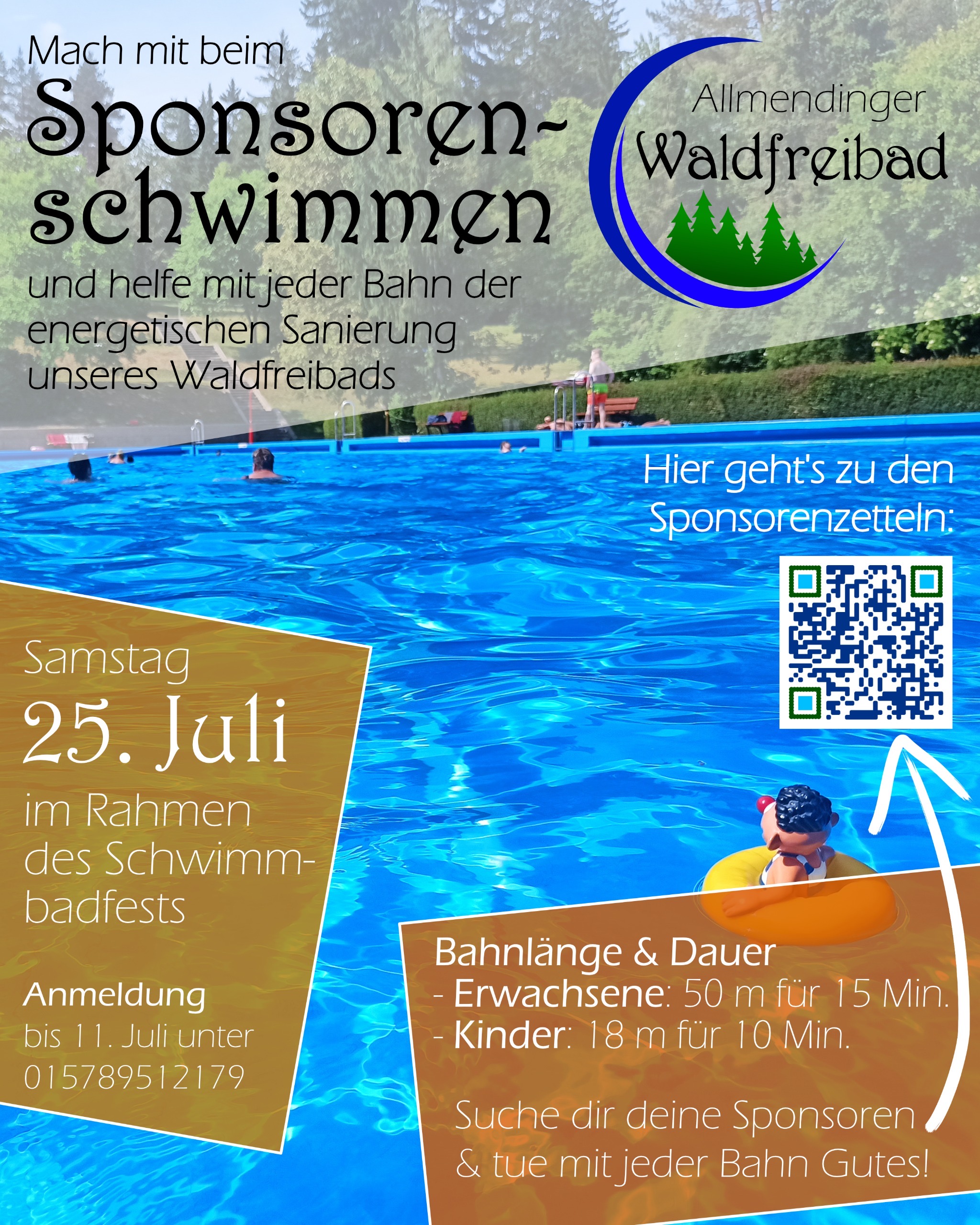 Buntes Werbeplakat für ein Sponsoren-Schwimmen mit Pool, QR-Code und Veranstaltungsdaten