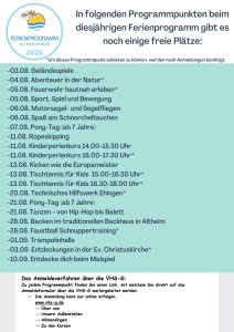 Plakat mit Ferienprogramm-Allmendingen 2026 und Liste verfügbarer Veranstaltungstermine und Aktivitäten.