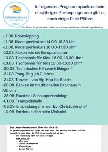 Ferienprogramm Allmendingen 2026 mit freien Plätzen und einer Liste von Kursen und Terminen