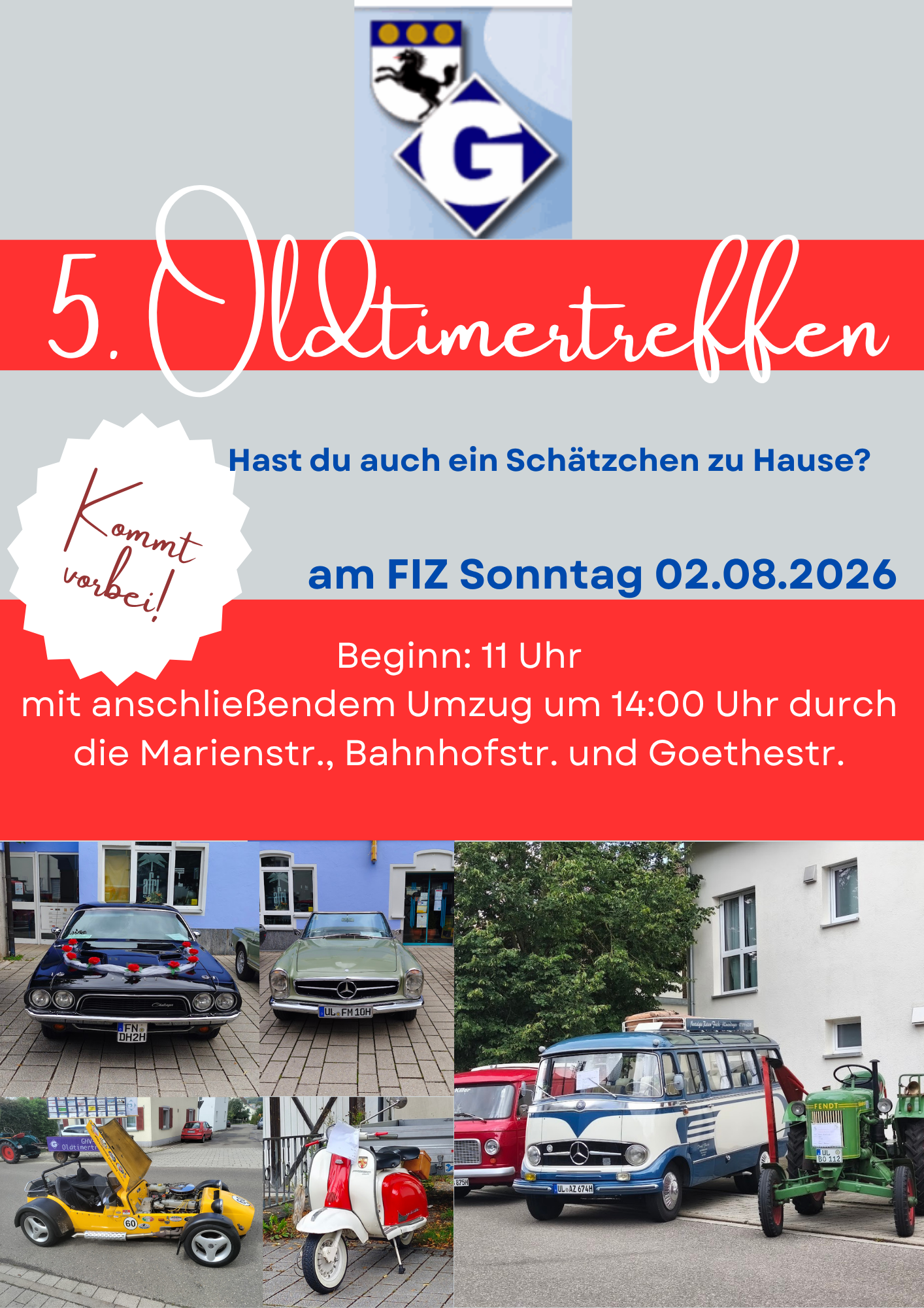 Plakat für 5. Oldtimertreffen mit Fotos von klassischen Autos, Roller, Bus und Traktor sowie Veranstaltungsdaten.