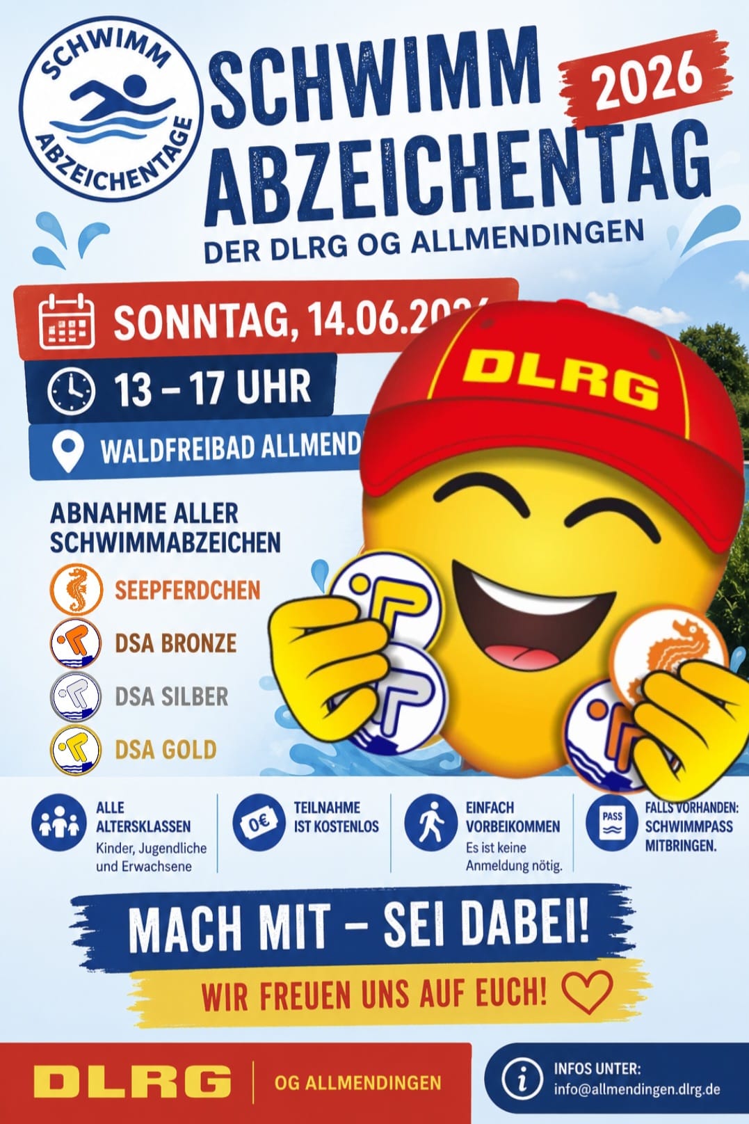 Buntes Poster für einen Schwimm‑Abzeichentag 2026 der DLRG mit lachendem Emoji und Veranstaltungsdetails.