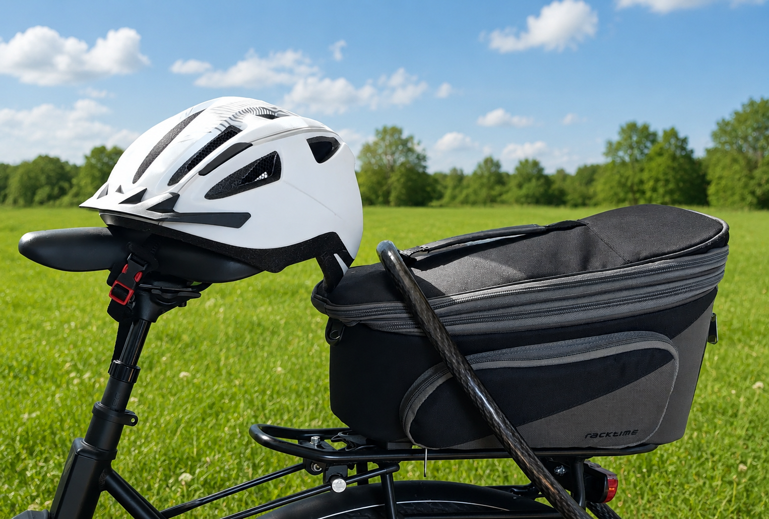 Weißer Fahrradhelm auf Fahrradsattel neben schwarzer Gepäcktasche vor grünem Feld und blauem Himmel
