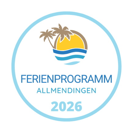 Logo mit Sonne, Palmen und Wellen über dem Text „Ferienprogramm Allmendingen 2026“