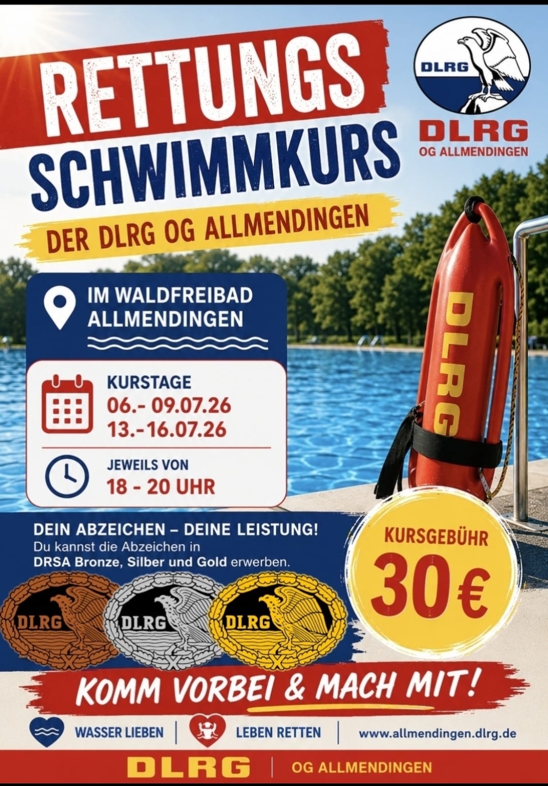Plakat für einen DLRG-Rettungsschwimmkurs am Freibad Allmendingen mit Terminen, Uhrzeit, Kursgebühr 30 € und Rettungsboje am Beckenrand.