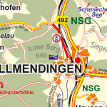 Kartenausschnitt von Allmendingen mit Straßen, Radwegen, Höhenangabe Roter Berg 648 und NSG-Markierungen.
