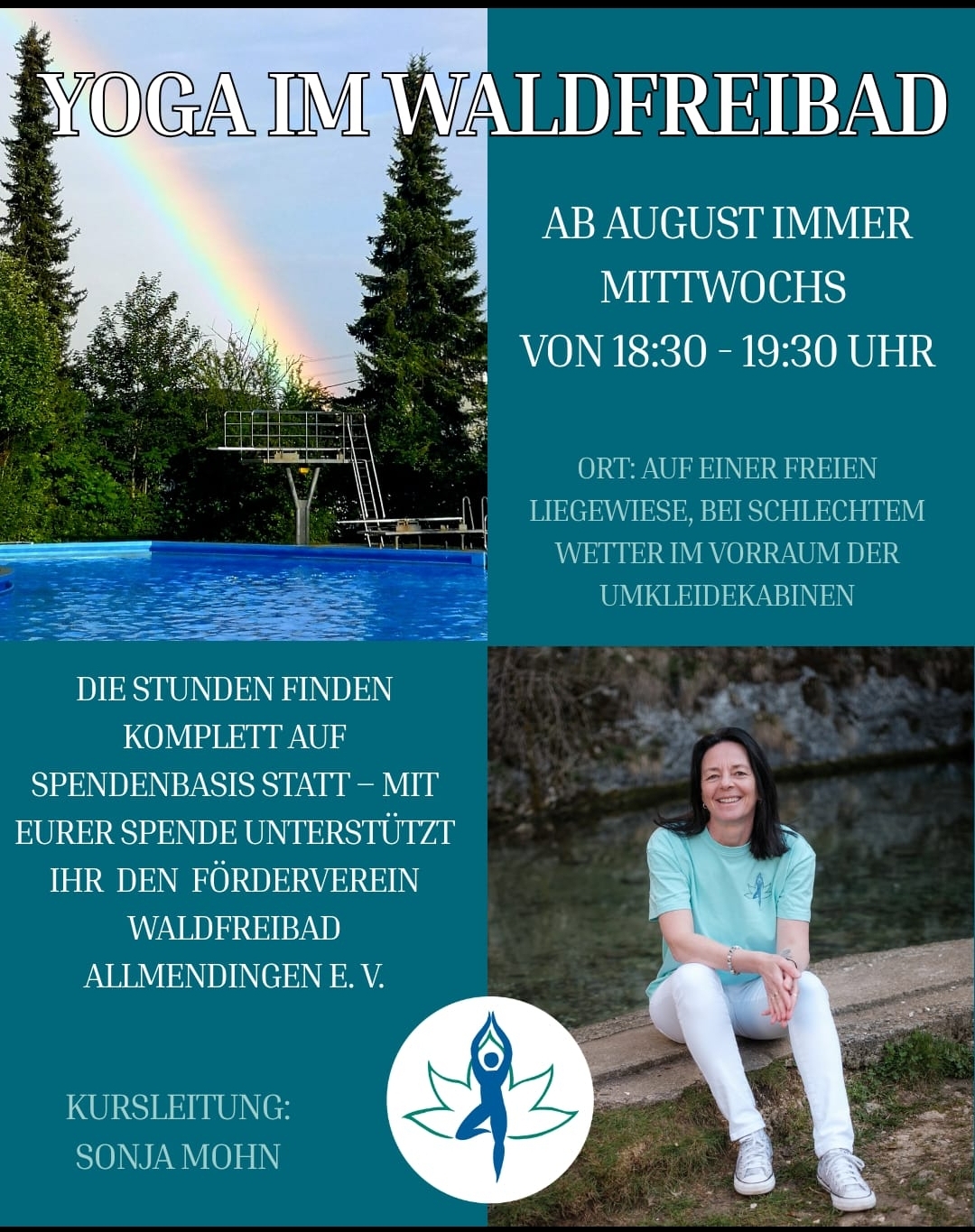 Plakat für Yoga im Waldfreibad mit Regenbogen über Schwimmbecken und lächelnder Kursleiterin Sonja Mohn