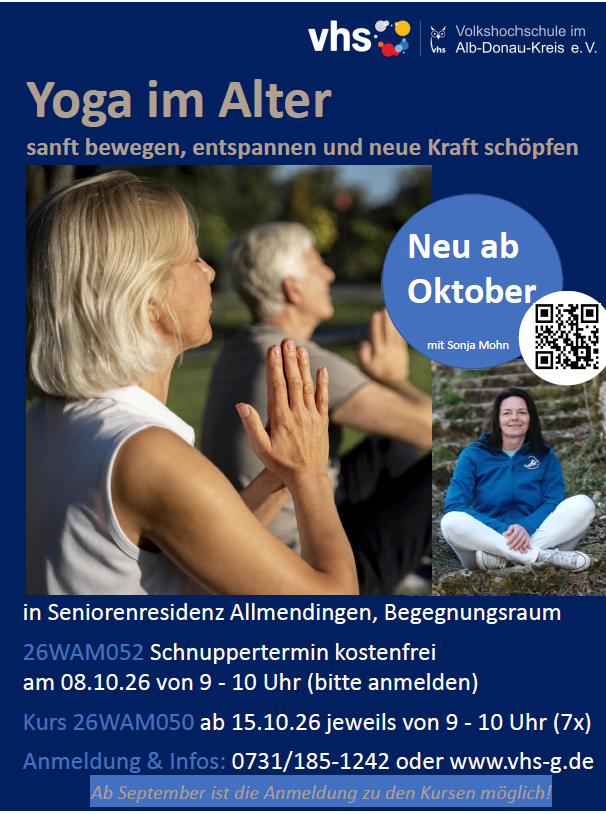 Plakat für Yoga im Alter mit Seniorinnen, Neu ab Oktober und Kursinformationen